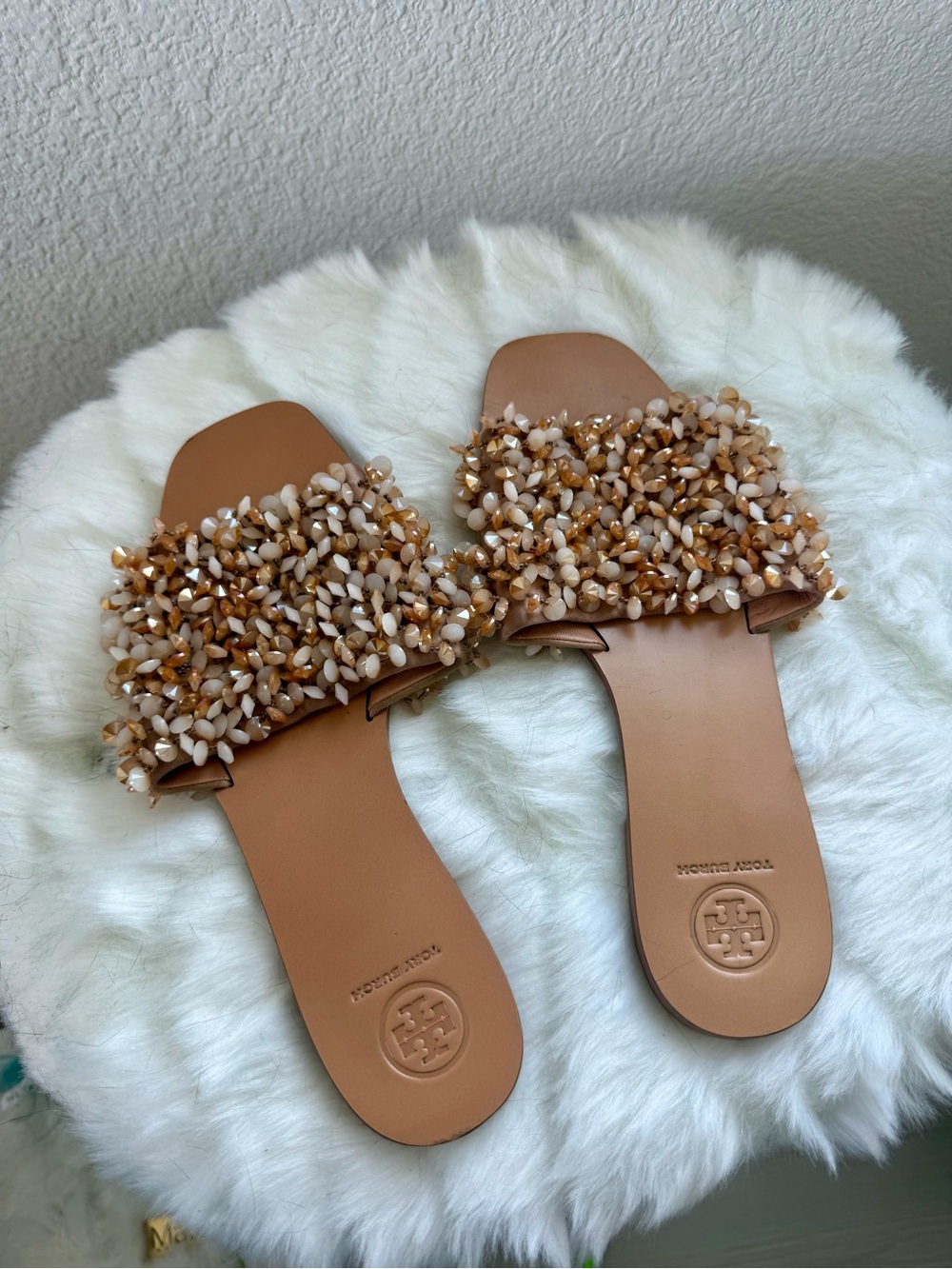 Tory Burch Tan and Blush Beaded Slide Sandals
